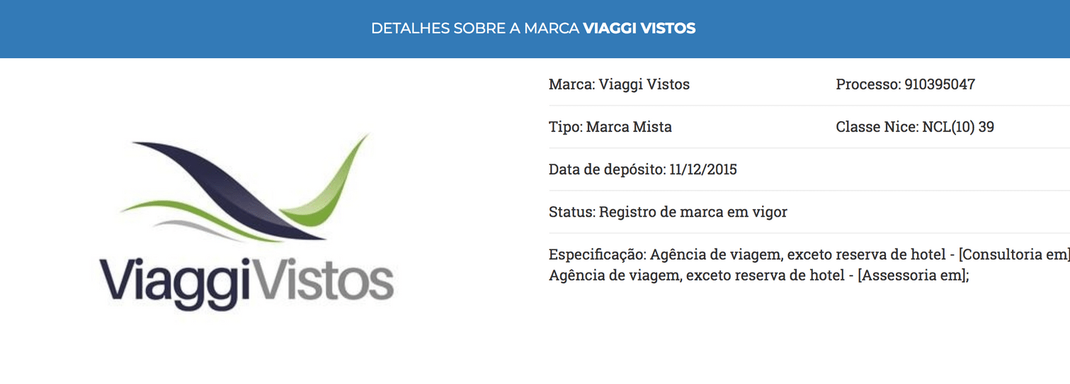 A Viaggi Vistos é uma marca registrada pelo INPI 